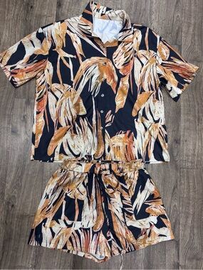 Two-Piece Tropical Print Lounge Set - Navy & Rust